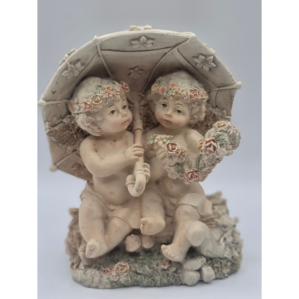 Vintage Cherub Angel Figurine Two Angels Under Umbrella Floral Decor 7.5in
